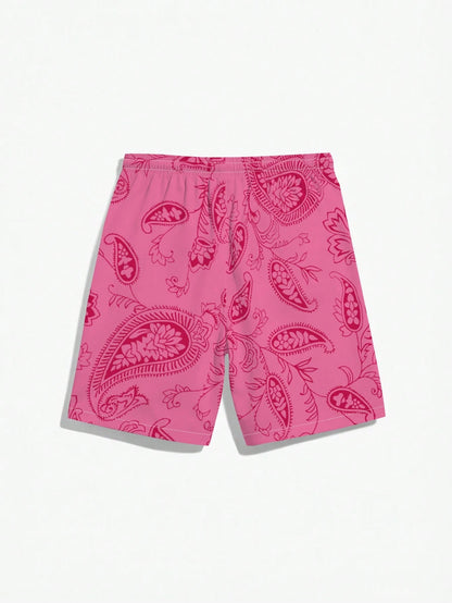 Men's Fashion Hawaiian Pattern Drawstring Waist Shorts With Skull Print, Suitable For Beach, Pool And Vacation