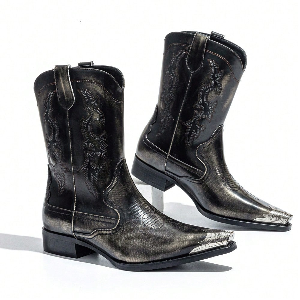Men's Vintage Iron Toe Cowboy Boots Western Boots Embroidery Metal Accessories Stitching Fashion Outdoor Street