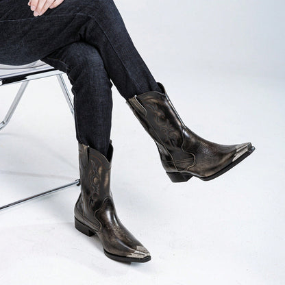Men's Vintage Iron Toe Cowboy Boots Western Boots Embroidery Metal Accessories Stitching Fashion Outdoor Street