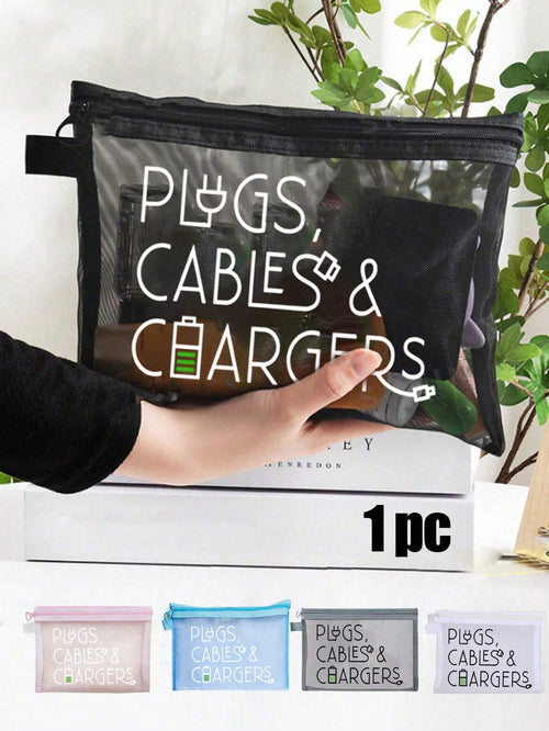 Mesh Makeup Bag With Data Cable Pattern, Charging Letter Design, Red Padded Portable Storage Bag, Can Hold Data Cables, Chargers, Makeup, Skincare, Travel Essentials, Dorm Supplies, Wedding Bride Gift