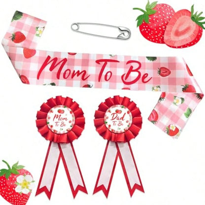 MHomanu Strawberry Mom To Be Sash Baby Shower Decorations Berry Sweet Mommy To Be Sash Dad To Be Pin Set For Pregnant Mommy Party Decorations1