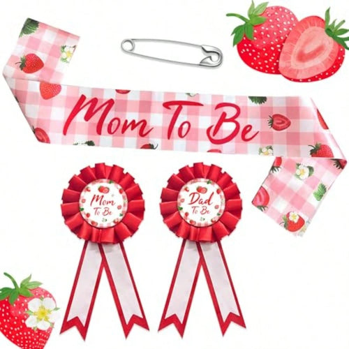 MHomanu Strawberry Mom To Be Sash Baby Shower Decorations Berry Sweet Mommy To Be Sash Dad To Be Pin Set For Pregnant Mommy Party Decorations1