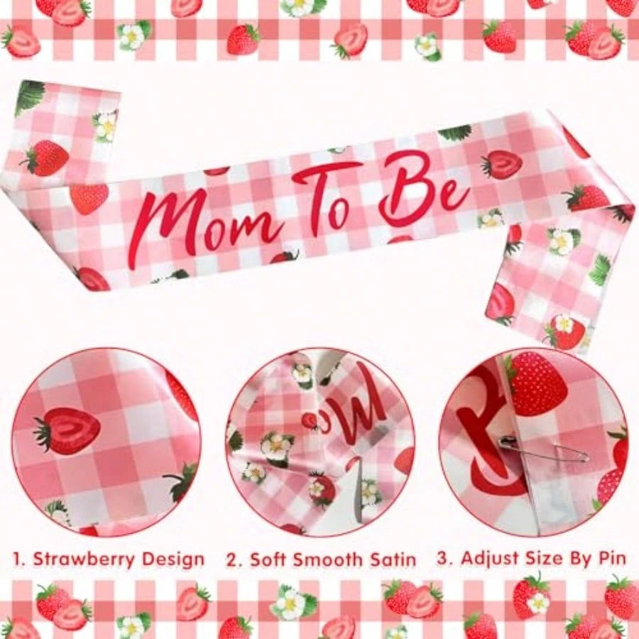 MHomanu Strawberry Mom To Be Sash Baby Shower Decorations Berry Sweet Mommy To Be Sash Dad To Be Pin Set For Pregnant Mommy Party Decorations1