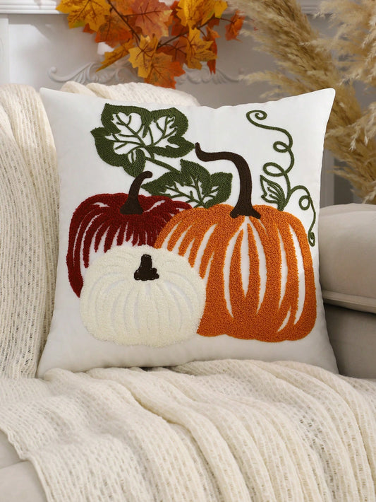 Miater 1pc Velvet Embroidered Pumpkin Throw Pillow Cover, Halloween & Thanksgiving Home Decoration