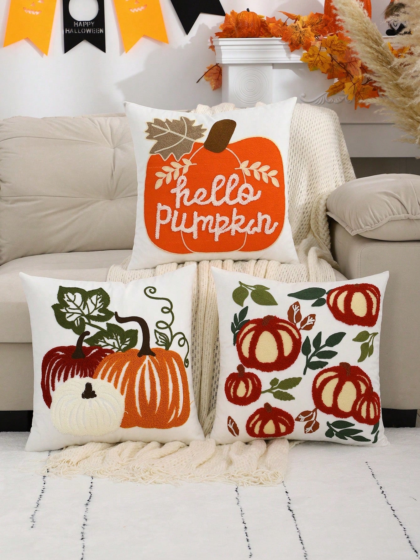 Miater 1pc Velvet Embroidered Pumpkin Throw Pillow Cover, Halloween & Thanksgiving Home Decoration
