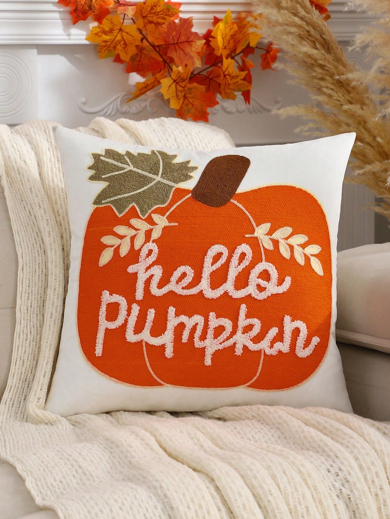 Miater 1pc Velvet Embroidered Pumpkin Throw Pillow Cover, Halloween & Thanksgiving Home Decoration