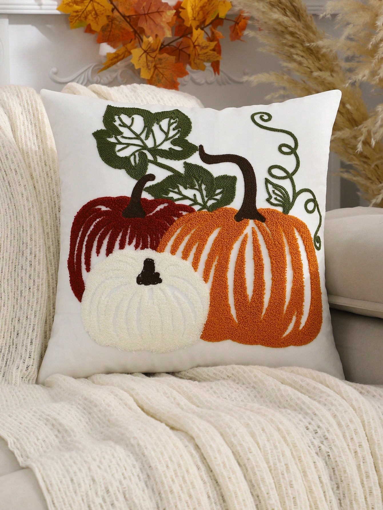 Miater 1pc Velvet Embroidered Pumpkin Throw Pillow Cover, Halloween & Thanksgiving Home Decoration
