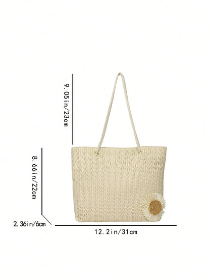 Mini Floral Straw Beach Tote Bag, Fashionable Shoulder Handbag For Girls