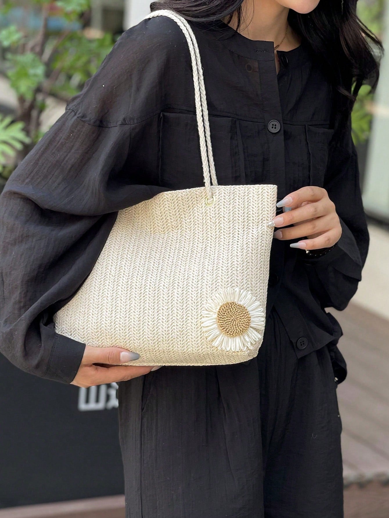 Mini Floral Straw Beach Tote Bag, Fashionable Shoulder Handbag For Girls