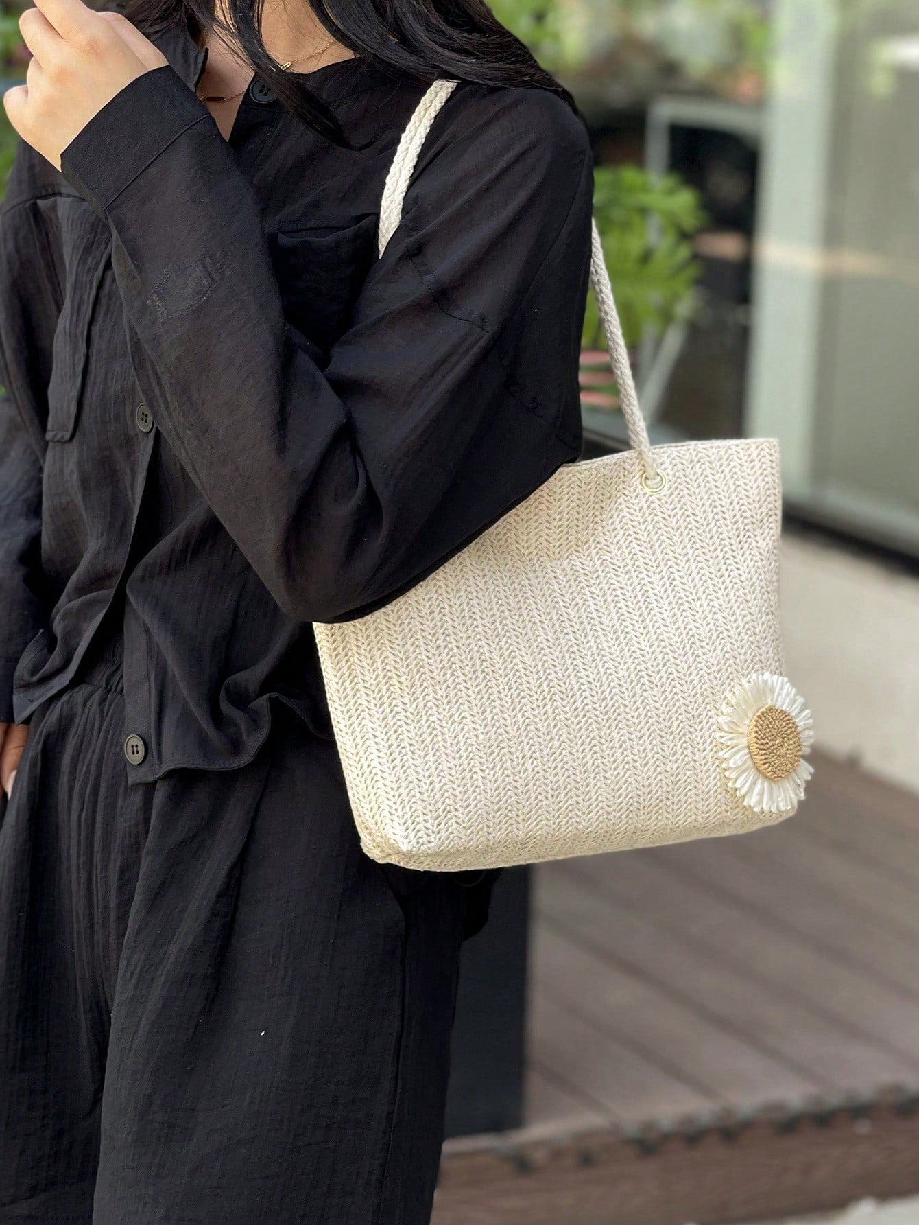 Mini Floral Straw Beach Tote Bag, Fashionable Shoulder Handbag For Girls