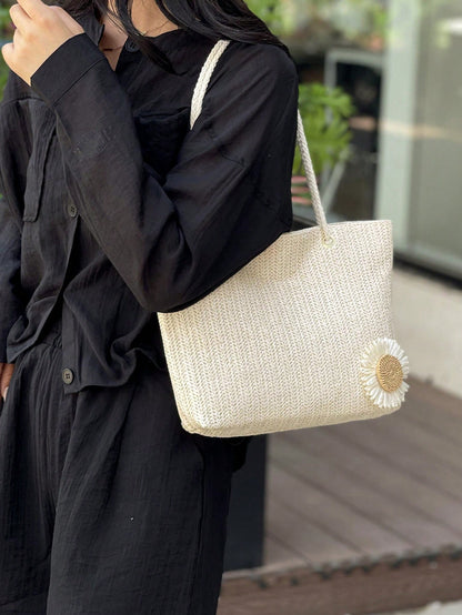Mini Floral Straw Beach Tote Bag, Fashionable Shoulder Handbag For Girls