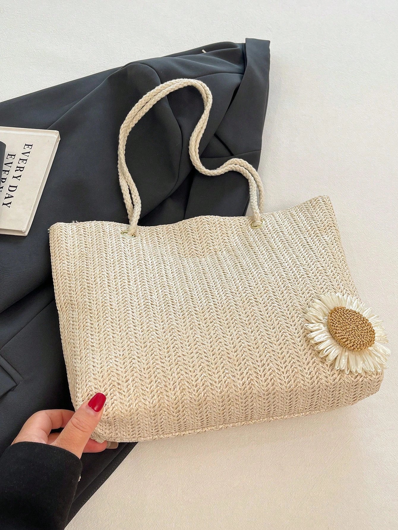 Mini Floral Straw Beach Tote Bag, Fashionable Shoulder Handbag For Girls