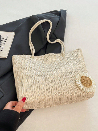 Mini Floral Straw Beach Tote Bag, Fashionable Shoulder Handbag For Girls
