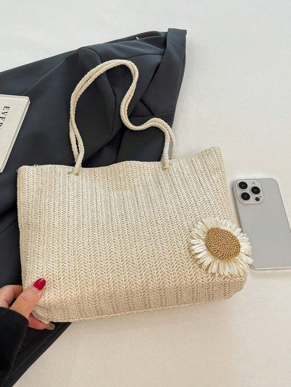 Mini Floral Straw Beach Tote Bag, Fashionable Shoulder Handbag For Girls