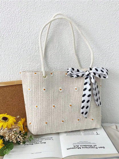 Mini Floral Straw Beach Tote Bag, Fashionable Shoulder Handbag For Girls