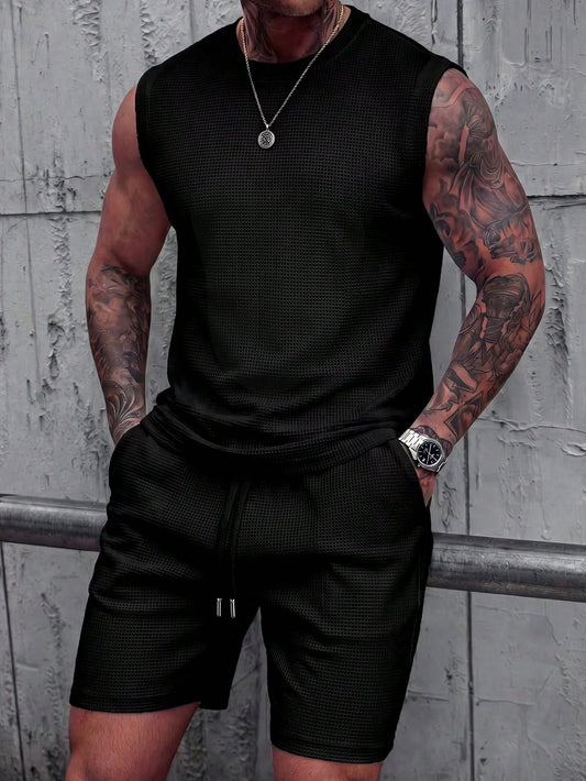 Minimalist Athletic Men's Solid Color Pocketed Top And Drawstring Waist Shorts Set Summer Outdoor Tracksuit