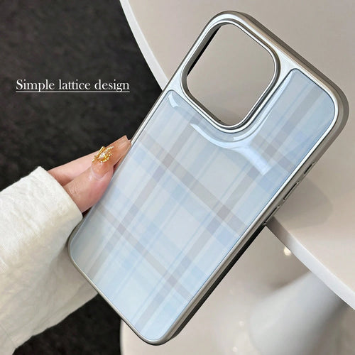 Minimalist Blue Grey Plaid Fashion 1pc Retro Plaid Sweet Epoxy Electroplated Edging Phone Case Compatible With Apple/, Vintage Classic Waterproof Shockproof Anti-Fall Scratch Resistant Spring Birthday
