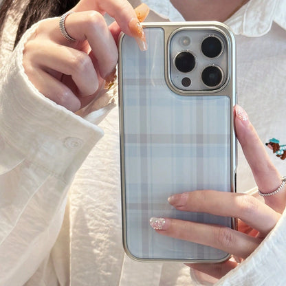 Minimalist Blue Grey Plaid Fashion 1pc Retro Plaid Sweet Epoxy Electroplated Edging Phone Case Compatible With Apple/, Vintage Classic Waterproof Shockproof Anti-Fall Scratch Resistant Spring Birthday