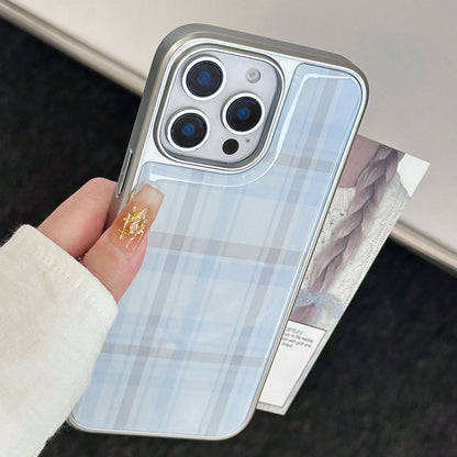 Minimalist Blue Grey Plaid Fashion 1pc Retro Plaid Sweet Epoxy Electroplated Edging Phone Case Compatible With Apple/, Vintage Classic Waterproof Shockproof Anti-Fall Scratch Resistant Spring Birthday