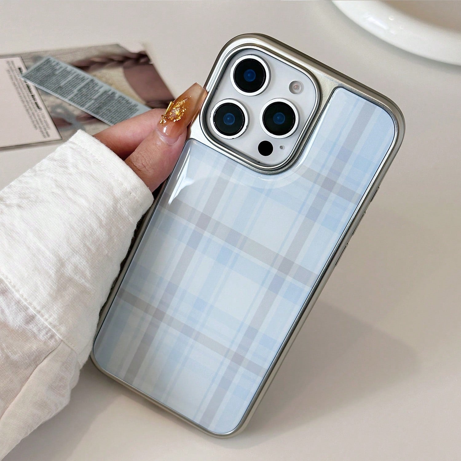 Minimalist Blue Grey Plaid Fashion 1pc Retro Plaid Sweet Epoxy Electroplated Edging Phone Case Compatible With Apple/, Vintage Classic Waterproof Shockproof Anti-Fall Scratch Resistant Spring Birthday