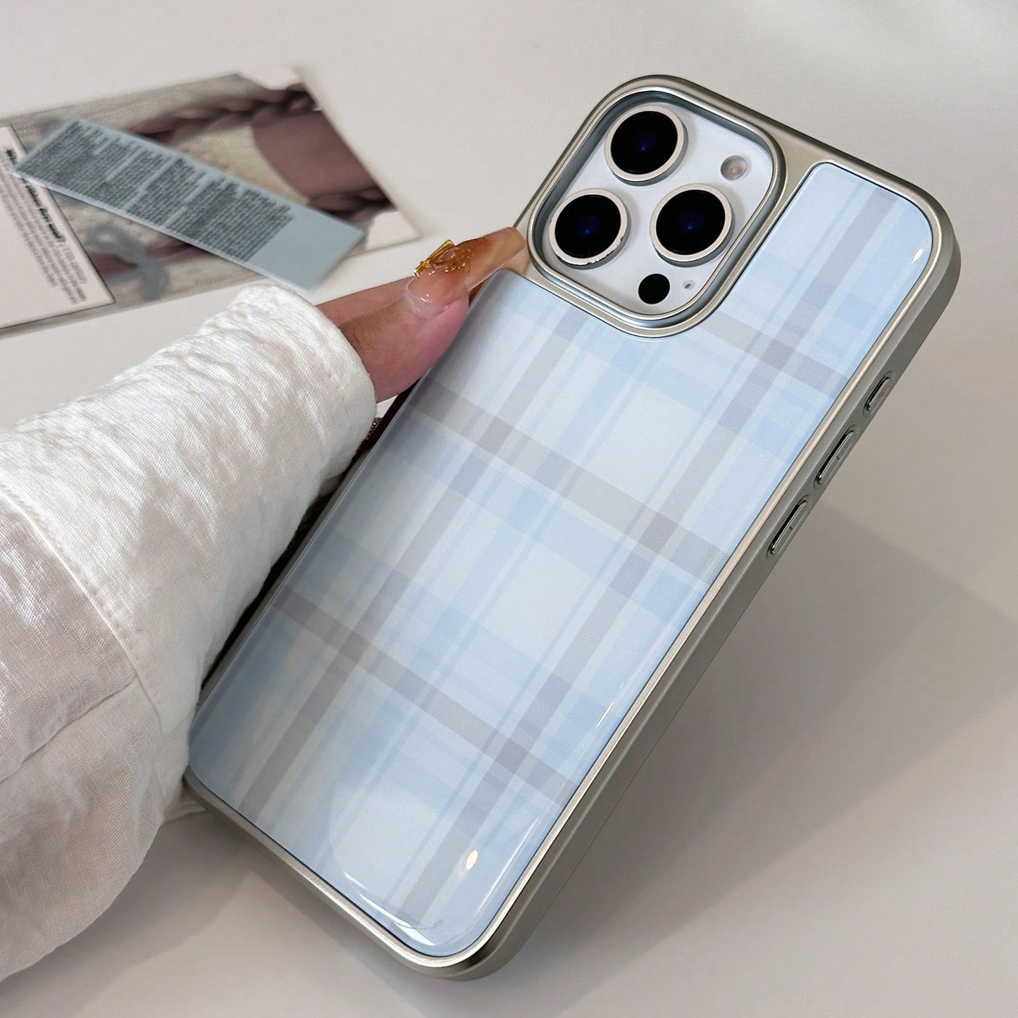 Minimalist Blue Grey Plaid Fashion 1pc Retro Plaid Sweet Epoxy Electroplated Edging Phone Case Compatible With Apple/, Vintage Classic Waterproof Shockproof Anti-Fall Scratch Resistant Spring Birthday