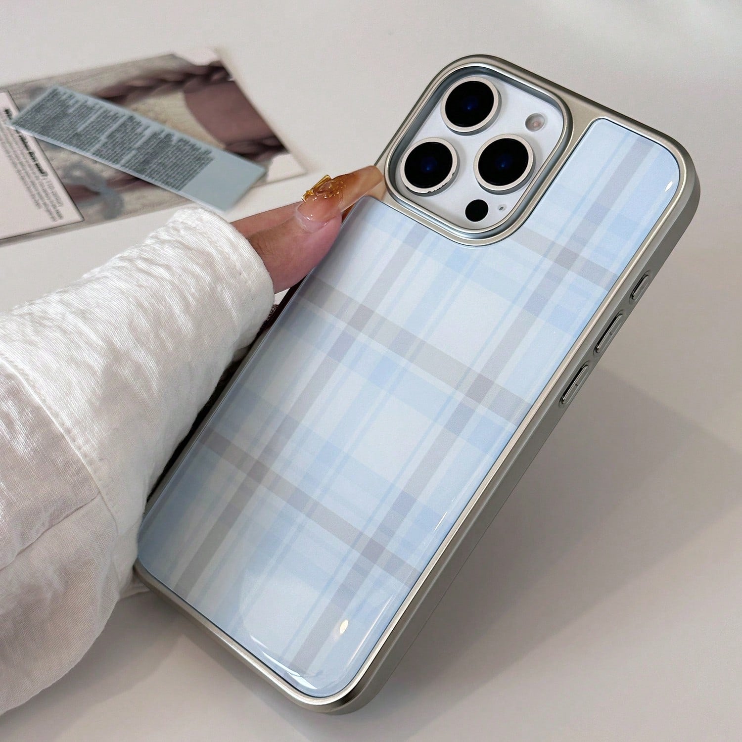 Minimalist Blue Grey Plaid Fashion 1pc Retro Plaid Sweet Epoxy Electroplated Edging Phone Case Compatible With Apple/, Vintage Classic Waterproof Shockproof Anti-Fall Scratch Resistant Spring Birthday