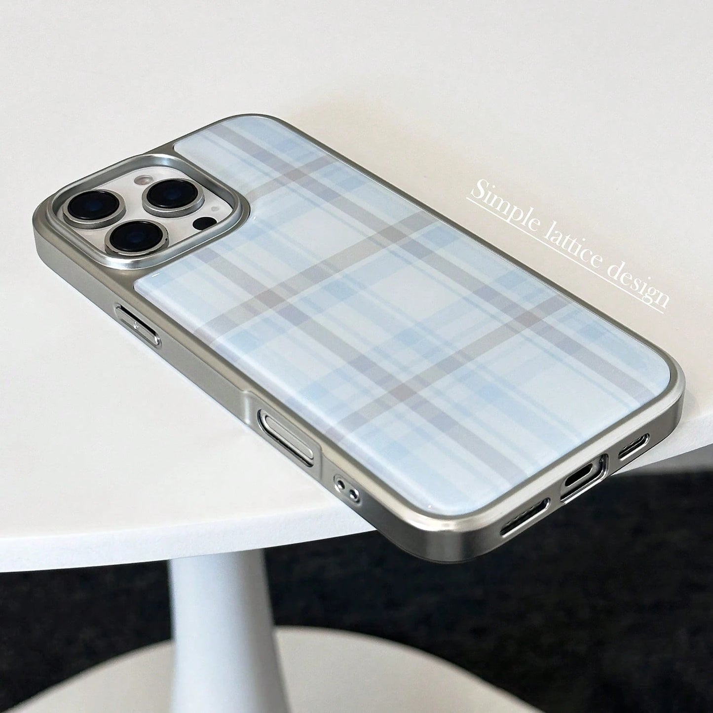 Minimalist Blue Grey Plaid Fashion 1pc Retro Plaid Sweet Epoxy Electroplated Edging Phone Case Compatible With Apple/, Vintage Classic Waterproof Shockproof Anti-Fall Scratch Resistant Spring Birthday