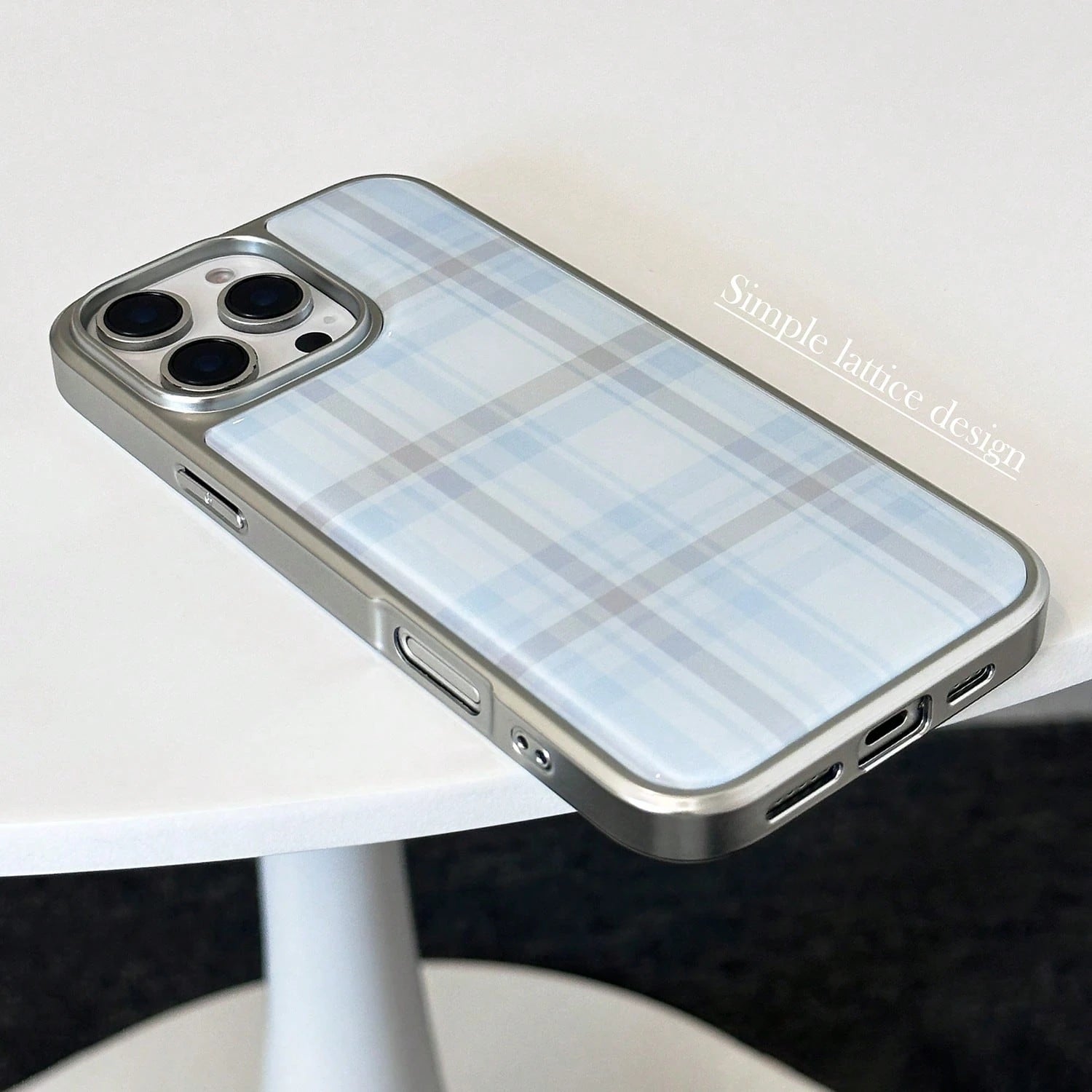 Minimalist Blue Grey Plaid Fashion 1pc Retro Plaid Sweet Epoxy Electroplated Edging Phone Case Compatible With Apple/, Vintage Classic Waterproof Shockproof Anti-Fall Scratch Resistant Spring Birthday