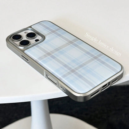 Minimalist Blue Grey Plaid Fashion 1pc Retro Plaid Sweet Epoxy Electroplated Edging Phone Case Compatible With Apple/, Vintage Classic Waterproof Shockproof Anti-Fall Scratch Resistant Spring Birthday
