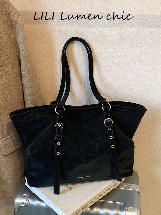 Minimalist Premium Black Oversized Tote Bag With Relaxed Silhouette. Timeless Solid Black Matches Daily Outfits For Commuting And Everyday Outings