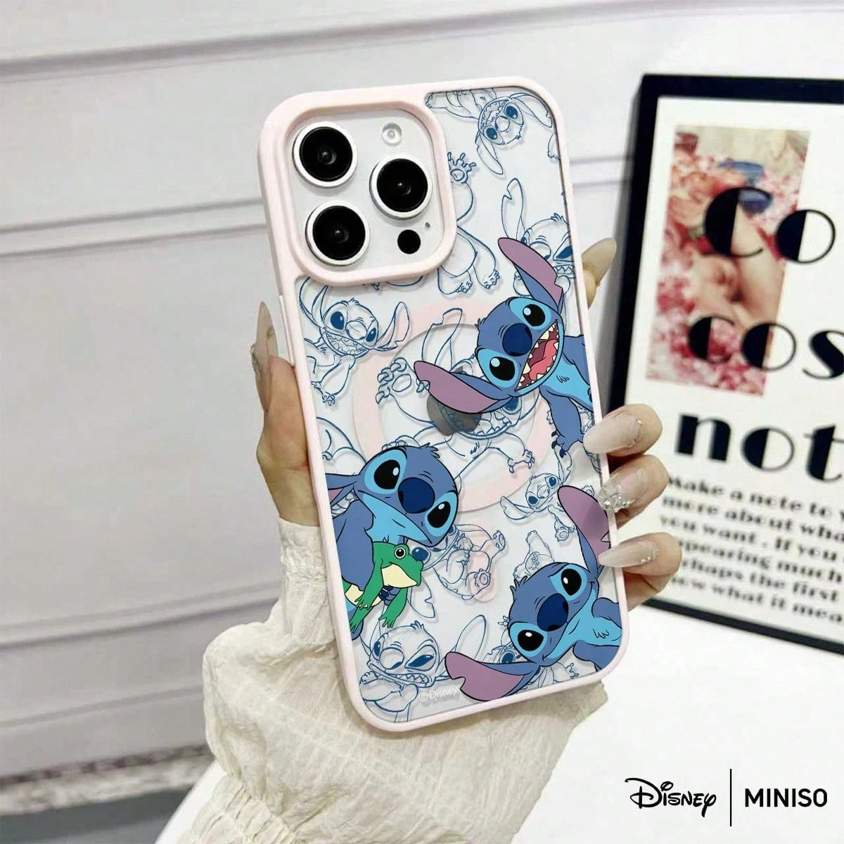 MINISO Stitch & Frog Sketch Transparent Magnetic Phone Case, Vintage Style Cover For IPhone 17/17 Pro/17 Pro Max/17 Air/16/15/14/13/12/11/X Series Iphone 17 Pro Max Case Iphone 17 Pro Case Iphone 17 C