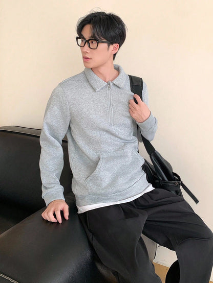 Mirajuku Teenage Boys' Casual College Style Half-Zip Polo Collar Sweatshirt, Suitable For College, Casual, Sports Wear Fall Winter