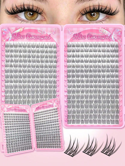 Miss Diamond 352pcs Wispy Lash Extension Kit, Natural Cluster Lashes DIY Eyelash Extension Kit, Fluffy C Curl Individual Lashes 9-12mm