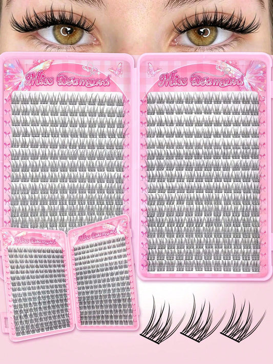 Miss Diamond 352pcs Wispy Lash Extension Kit, Natural Cluster Lashes DIY Eyelash Extension Kit, Fluffy C Curl Individual Lashes 9-12mm