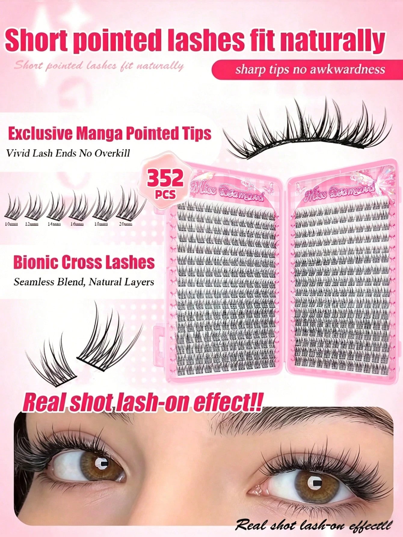Miss Diamond 352pcs Wispy Lash Extension Kit, Natural Cluster Lashes DIY Eyelash Extension Kit, Fluffy C Curl Individual Lashes 9-12mm