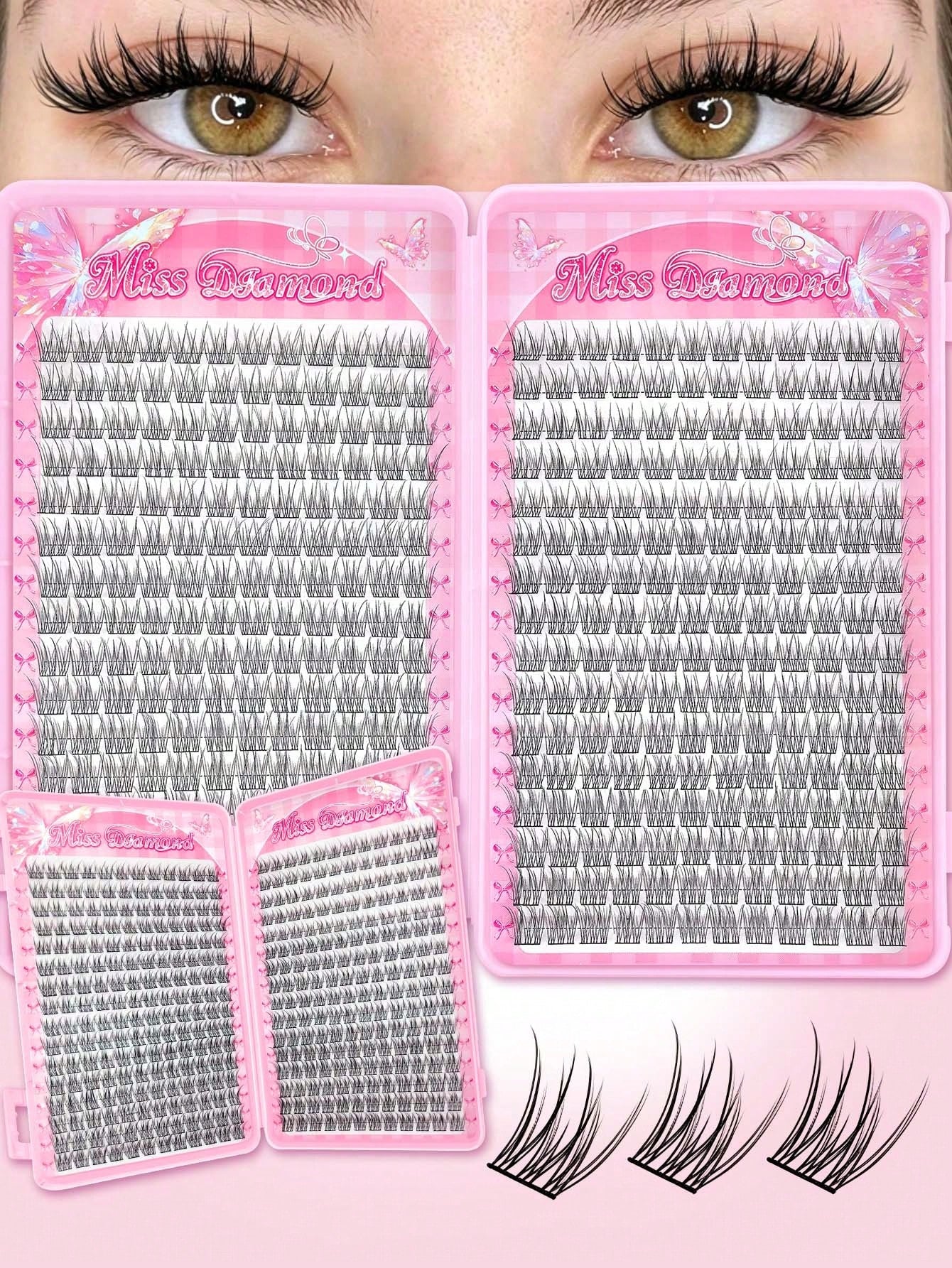 Miss Diamond 352pcs Wispy Lash Extension Kit, Natural Cluster Lashes DIY Eyelash Extension Kit, Fluffy C Curl Individual Lashes 9-12mm