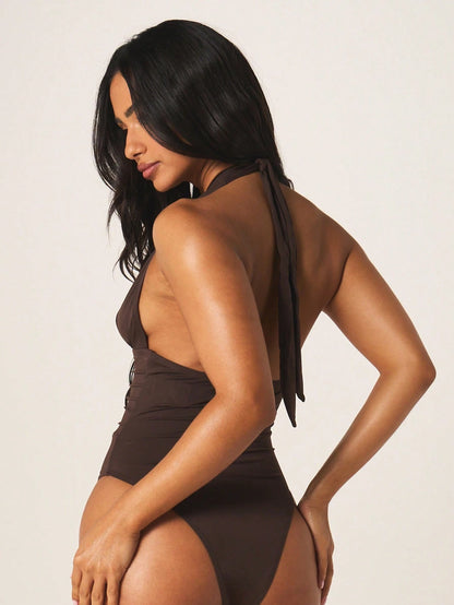 MISSGUIDED Deep V-Neck Halter One-Piece Swimsuit With Ruched Waist And Open Back Tie Detail For Beach And Vacation