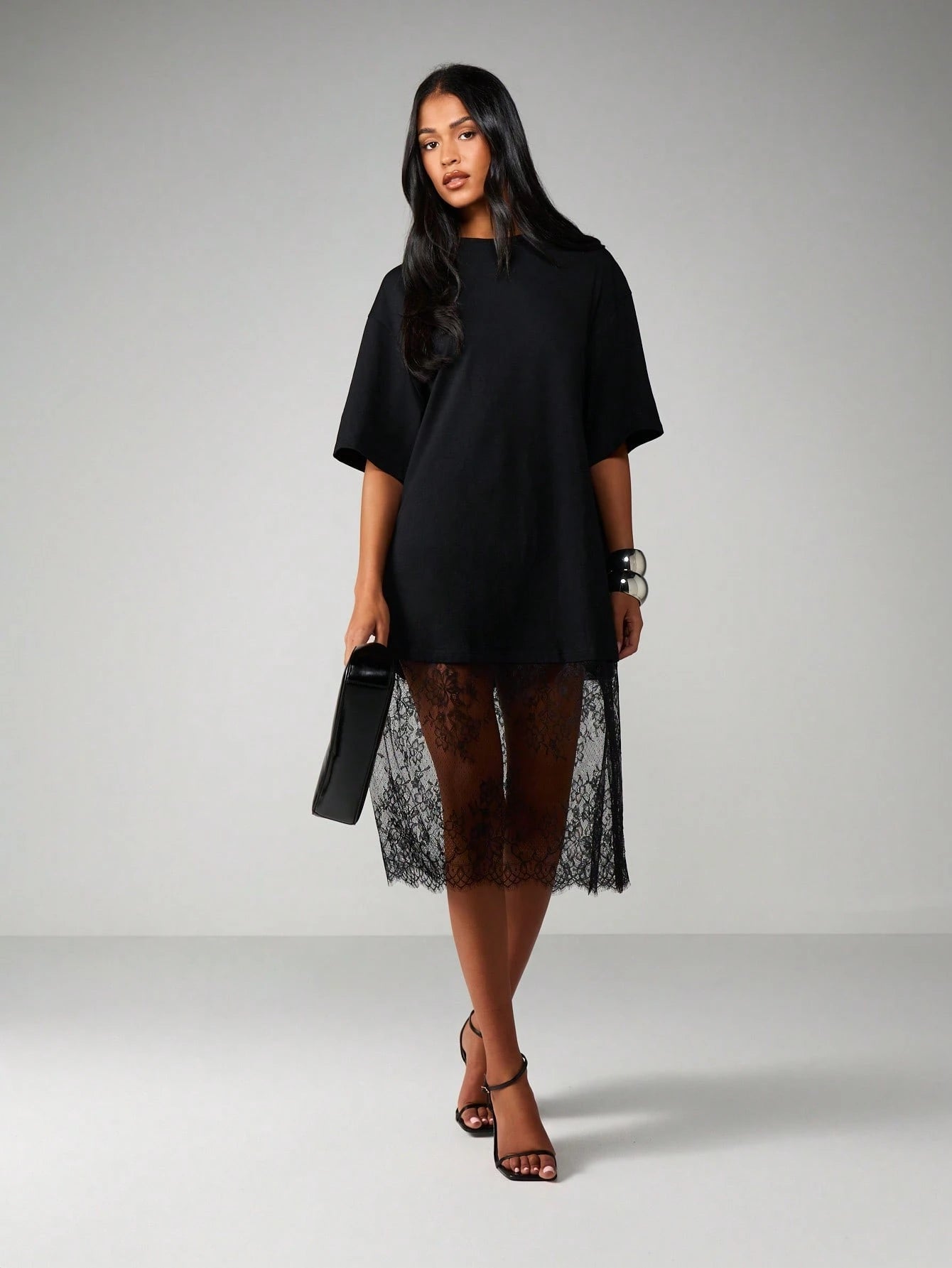 MISSGUIDED Oversized T-Shirt Style Midi Dress With Sheer Lace Scalloped Hem Detail