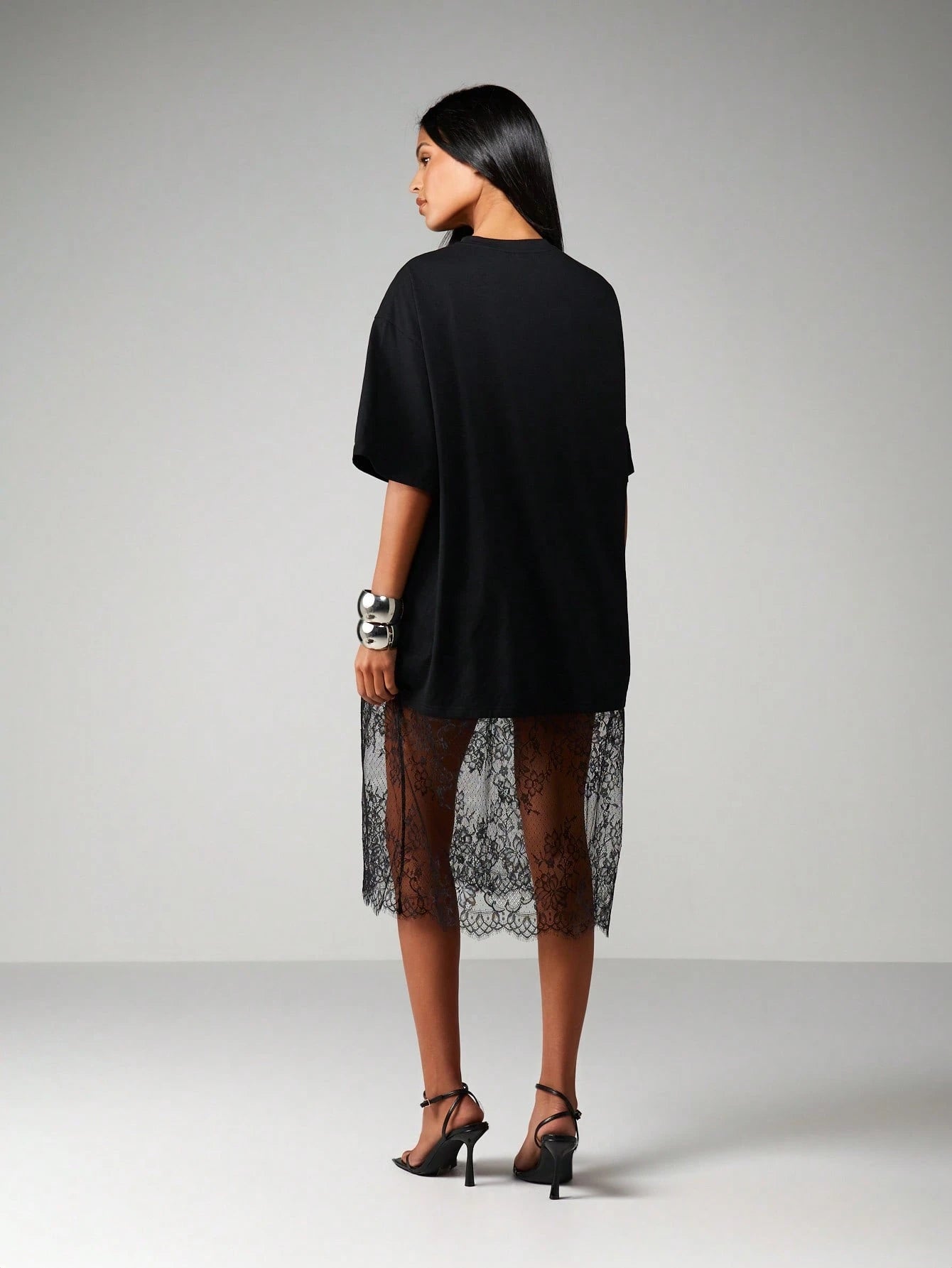 MISSGUIDED Oversized T-Shirt Style Midi Dress With Sheer Lace Scalloped Hem Detail