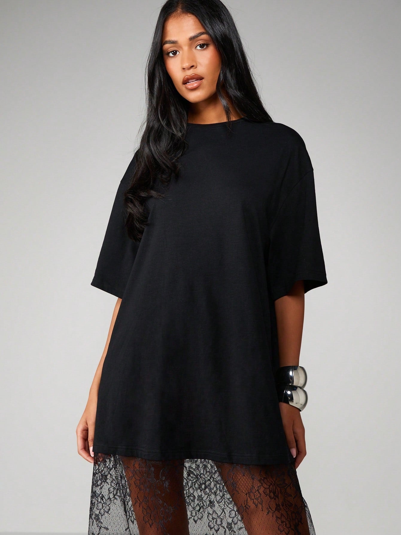 MISSGUIDED Oversized T-Shirt Style Midi Dress With Sheer Lace Scalloped Hem Detail