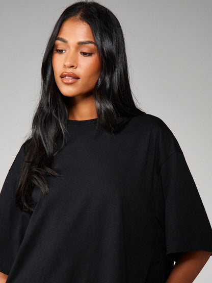 MISSGUIDED Oversized T-Shirt Style Midi Dress With Sheer Lace Scalloped Hem Detail