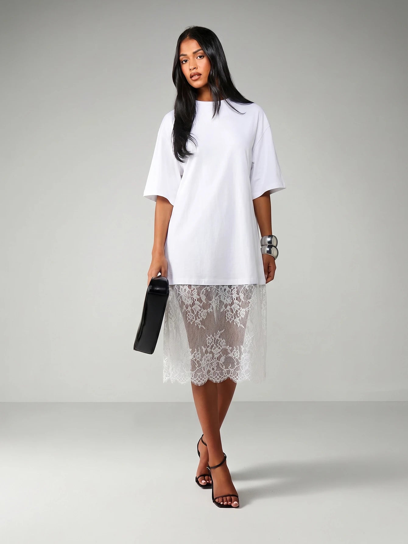 MISSGUIDED Oversized T-Shirt Style Midi Dress With Sheer Lace Scalloped Hem Detail