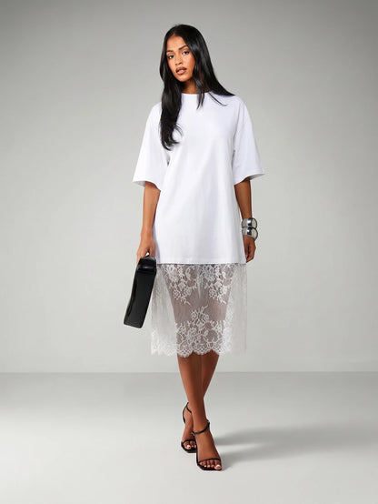 MISSGUIDED Oversized T-Shirt Style Midi Dress With Sheer Lace Scalloped Hem Detail