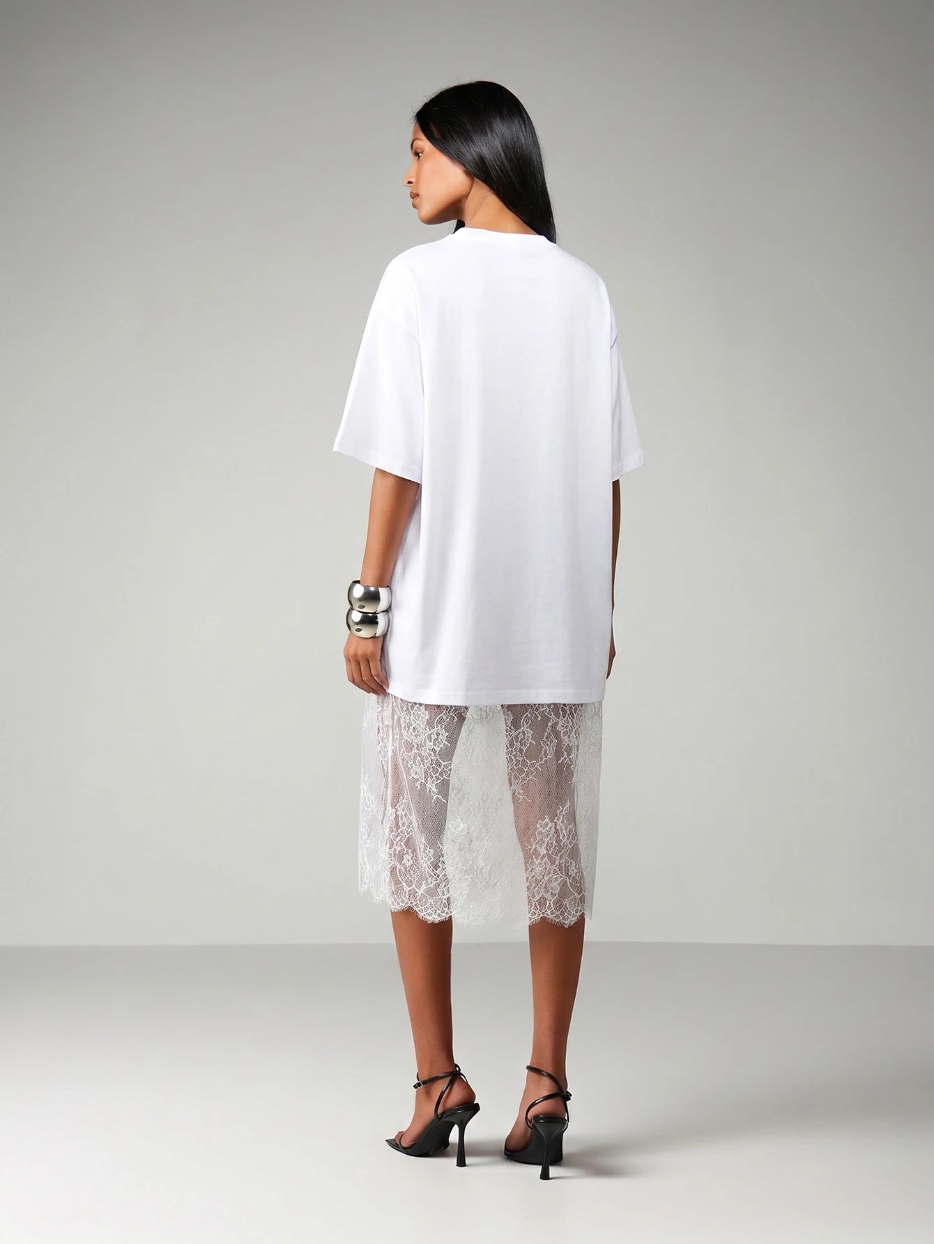 MISSGUIDED Oversized T-Shirt Style Midi Dress With Sheer Lace Scalloped Hem Detail