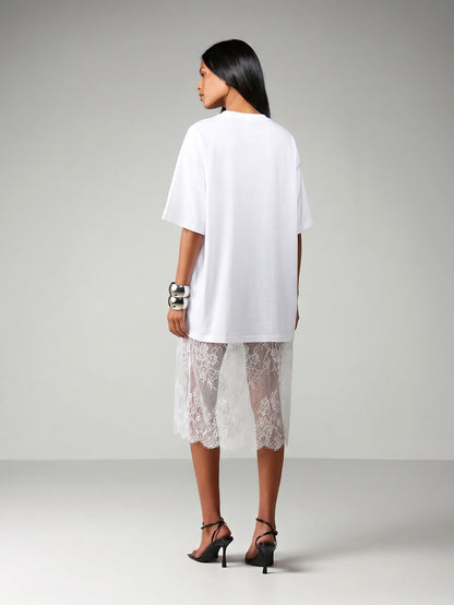 MISSGUIDED Oversized T-Shirt Style Midi Dress With Sheer Lace Scalloped Hem Detail