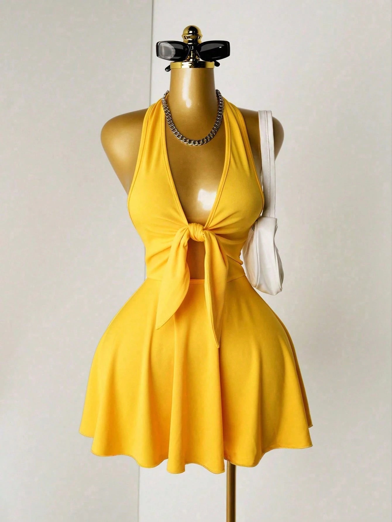 Mistrie Women's Sexy Backless Halter Solid Color Summer Dress
