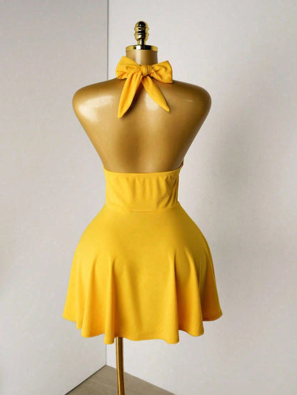Mistrie Women's Sexy Backless Halter Solid Color Summer Dress