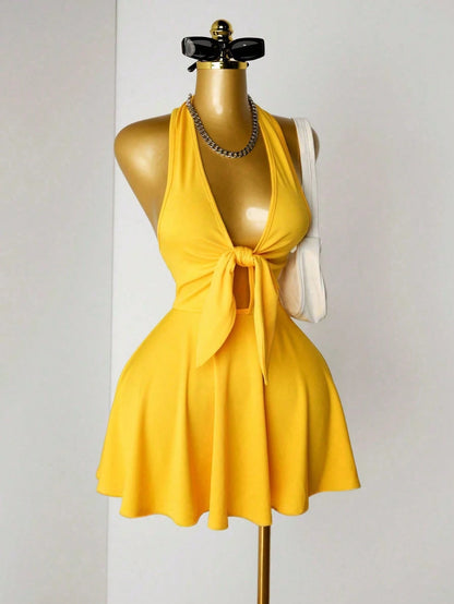Mistrie Women's Sexy Backless Halter Solid Color Summer Dress