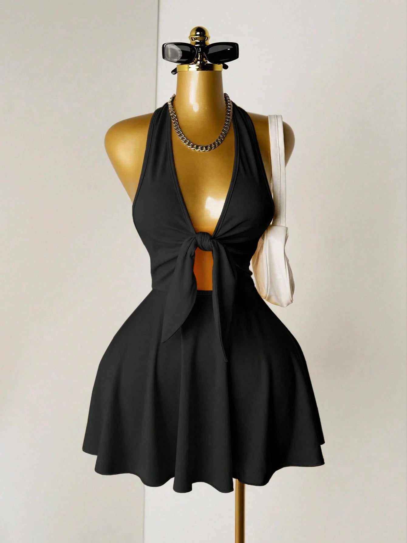 Mistrie Women's Sexy Backless Halter Solid Color Summer Dress