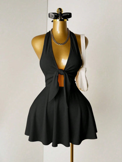 Mistrie Women's Sexy Backless Halter Solid Color Summer Dress